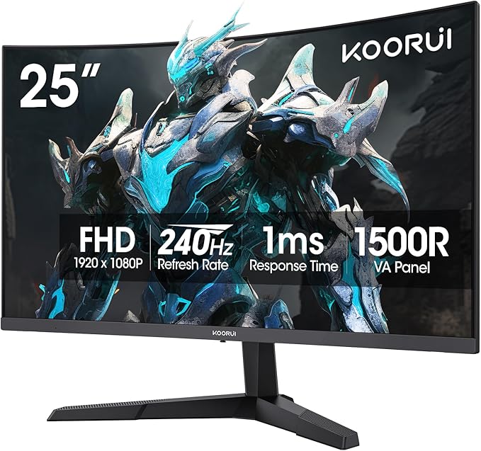 KOORUI 25 inch Curved Gaming Monitor 240Hz FHD 1080P, 1500R 1ms Display | Adaptive Sync, 90% DCI-P3, Eye Care, HDMI×2 and DP, VESA Mount, Tilt, FPS Gaming, Esports Players, Competitive Gaming by KOORUI