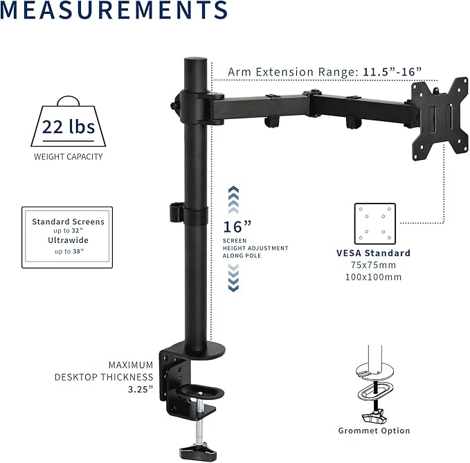 VIVO Single 13 to 38 inch Ultrawide Monitor Arm Desk Mount, Regular Screens up to 32 inches, 22 lbs capacity, Fully Adjustable Stand with C-Clamp and Grommet Base, Black, STAND-V001 - Image 6