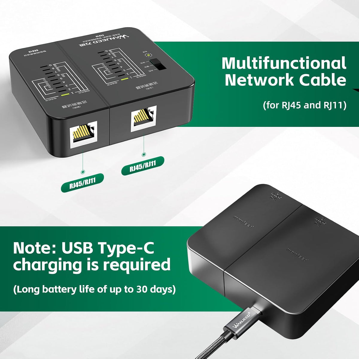 Professional Rechargeable Network Cable Tester - for RJ45/RJ11/RJ12, Tests CAT5/CAT5e/Cat6/Cat6a/CAT7 UTP/STP, PoE & CAT3, Wire Mapping, Fault Finder-Black-CE810 - Image 4