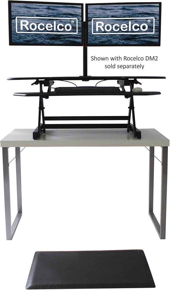 Rocelco 46" Height Adjustable Corner Standing Desk Converter with Anti Fatigue Mat BUNDLE, Quick Sit Standup Dual Monitor Riser, Computer Workstation-Keyboard Tray, (R CADRB-46-MAFM), Black - Image 2