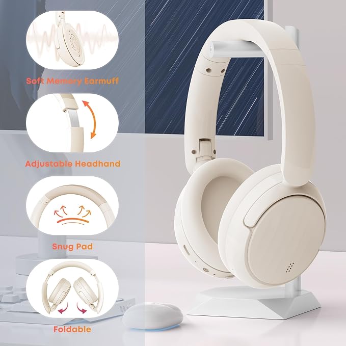 Bluetooth Headphones with Active Noise Cancelling (ANC), Wireless Over Ear Bluetooth Headsets with 35H Playtime, HiFi Stereo Foldable Headphones with Foam Ear Cups for Sports, Travel, White - Image 5