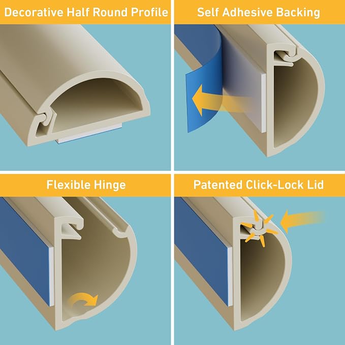 D-Line 13.12ft Cord Hider Kit, Patented Cable Cover, Hide Wires on Wall, Channel for TV Mount Cords, Raceway Wire Hiders, Paintable, Adhesive, Half Round, 4X 0.78in W x 0.39in H x 39in Lengths, Beige - Image 3