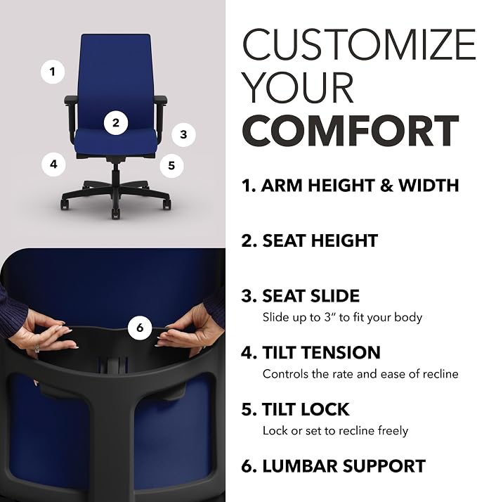 HON Ignition 2.0 Ergonomic Office Chair, Lumbar Support, Desk Chair, Cobalt | Ergonomic office desk chair with lumbar support, adjustable arms, office decor, workstation comfort for focused productivity - Image 3