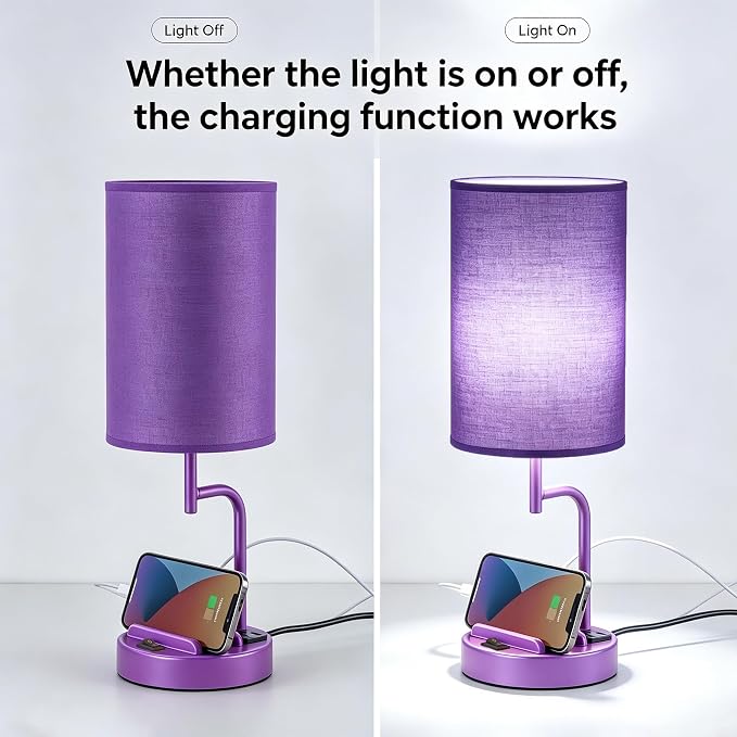 Dreamholder 2 Pack Table Lamp, Bedside Lamp with 3 USB Charging Ports & AC Outlet, USB Desk Lamp with 2 Phone Holders, Linen Fabric Shade Nightstand Lamps for Bedroom Living Room Office, Purple - Image 3