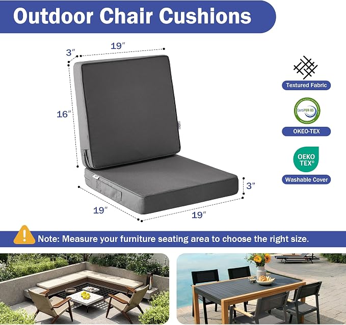 IPYNBAP Outdoor Cushions, Outdoor Chair Cushions 19x19x3 Inch, Cushions for Outdoor Furniture with Removable Cover, Waterproof & Fade Resistant Outdoor Seat Cushions for Patio, Lawn, Dark Grey - Image 2