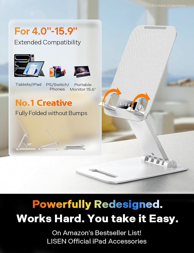 LISEN for iPad Stand Adjustable Tablet Holder Desk, iPad Accessories White | Foldable Home Office Desk Accessories Travel for iPad Holder Dorm College Essentials Fits Ebooks Kindle 4-15.9" - Image 2