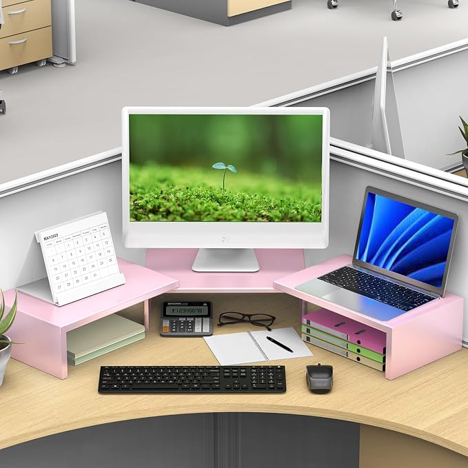 Desk Organizers and Accessories, Dual Monitor Stand Riser, Monitor Desk Shelf for Desktop Organization (Pink) - Image 4