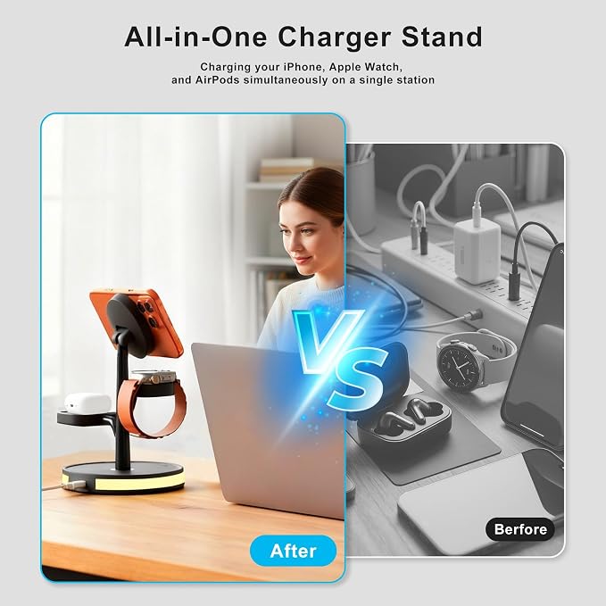 Wireless Charger, 3 in 1 Magnetic Charging Station for Apple Device | Fast Charging Tree-Shaped Stand with 20W Adapter, Qi-Certified Charger for iPhone 12-17 Series, Apple Watch, AirPods - Image 3