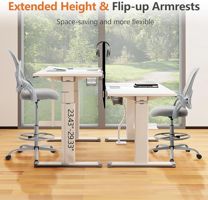 Sweetcrispy Tall Drafting Office Desk Chair - Ergonomic High Stool Computer Chair with Adjustable Height and Comfy Lumbar Support, Rolling Counter Height with Flip-up Arm and Footrest, Grey - Image 6