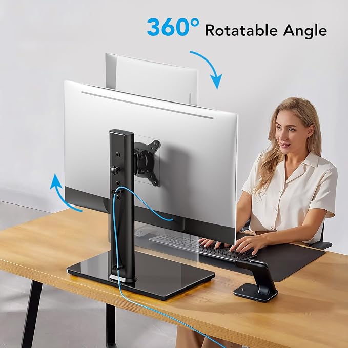 Single Monitor Desk Stand Free-Standing Desk Mount Arm Riser for 13 inch to 32 inch Screen Freestanding VESA Mount Base, Adjustable Height, Tilt, Swivel, Rotation, Black AX05TB01 - Image 6