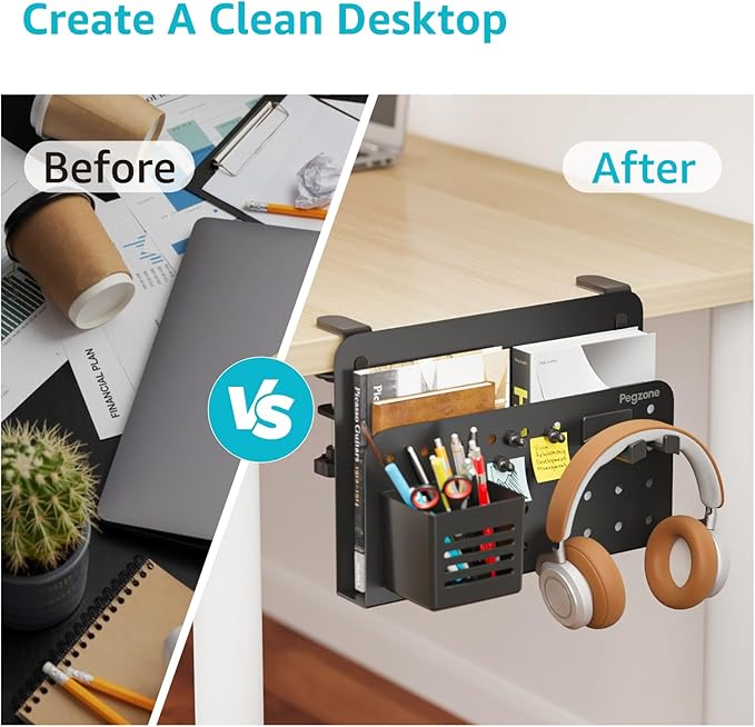 Desk Side Storage Organizer, Fits Flat Edge 0.4" to 2.2", Black | No Drill Under Desk Laptop Holder, Clamp on Desks Shelf with Pegboard Accessories, Hanging Laptop Mount - Image 7