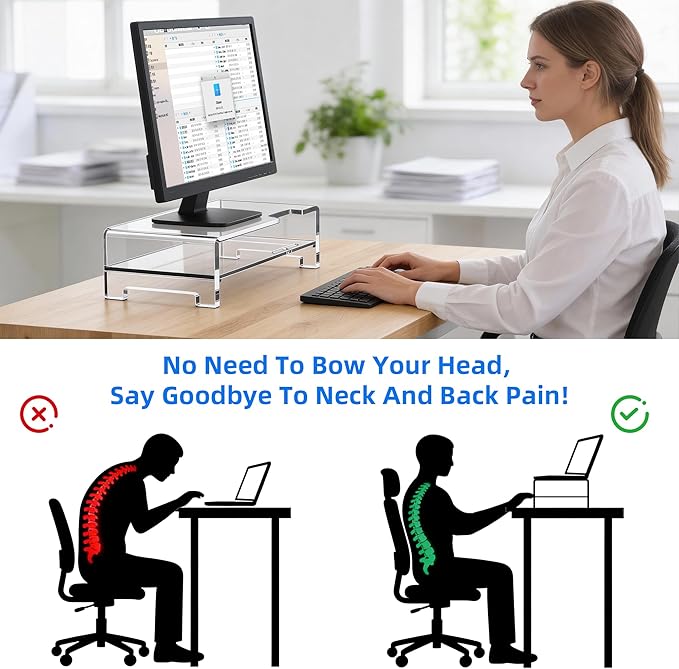 Acrylic Monitor Stand Riser Clear Laptop Stand 2-Tier L16 xW7.5 xH4.7 | Computer Monitor Stand Laptop Riser with Storage, Compatible with All Notebooks and Monitors, Desk Organizer for Home Office - Image 3