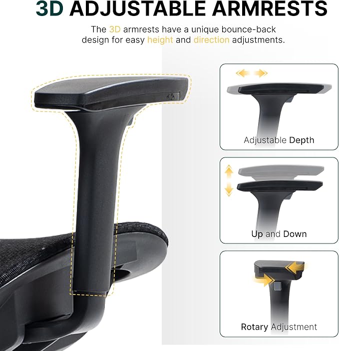 Ergonomic Mesh Office Chair, 3D Adjustable Armrests Desk Chair with 360° Swivel Silent Casters, 90°-120° Reclining Backrest Adjustable Gaming Chair for Home Office - Image 4