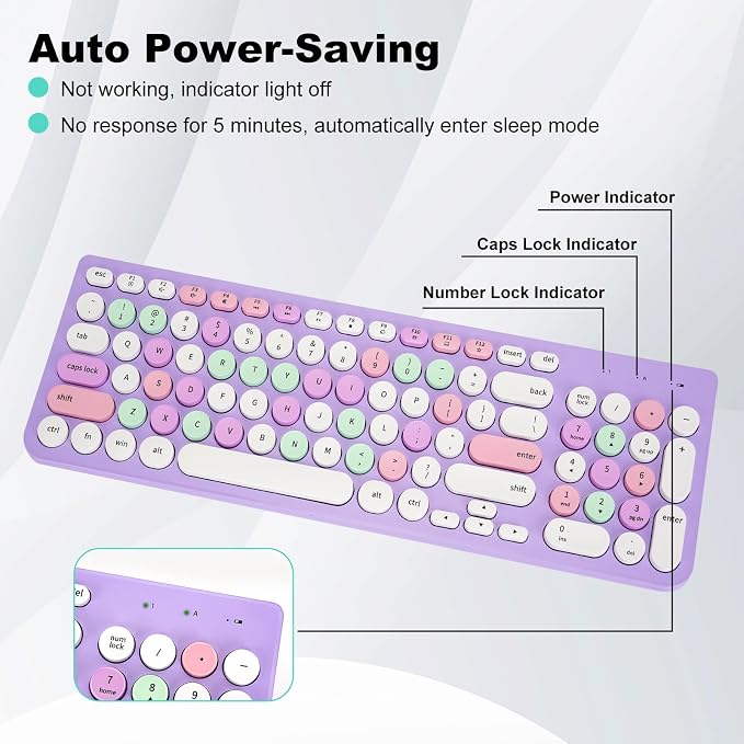 Wireless Keyboard and Mouse Combo, Retro Typewriter Keyboard with Round Keycaps, 2.4GHz USB Cute Wireless Keyboard Mouse for Computer, Desktop, Laptop (Purple Colorful) - Image 3