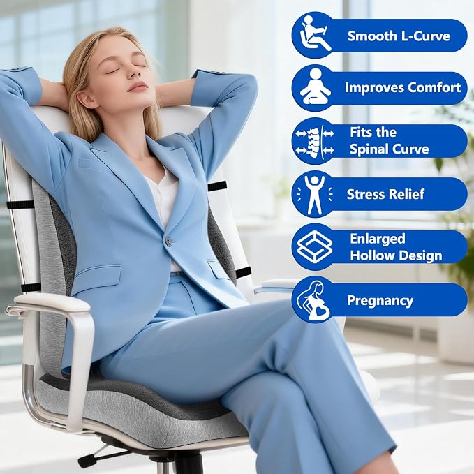 Lumbar Support Pillow for Office Chair,Seat Cushion with Back Support,Office Chair Cushion for Tailbone Pain,Sciatica and Hemorrhoid Relief (Grey) - Image 5
