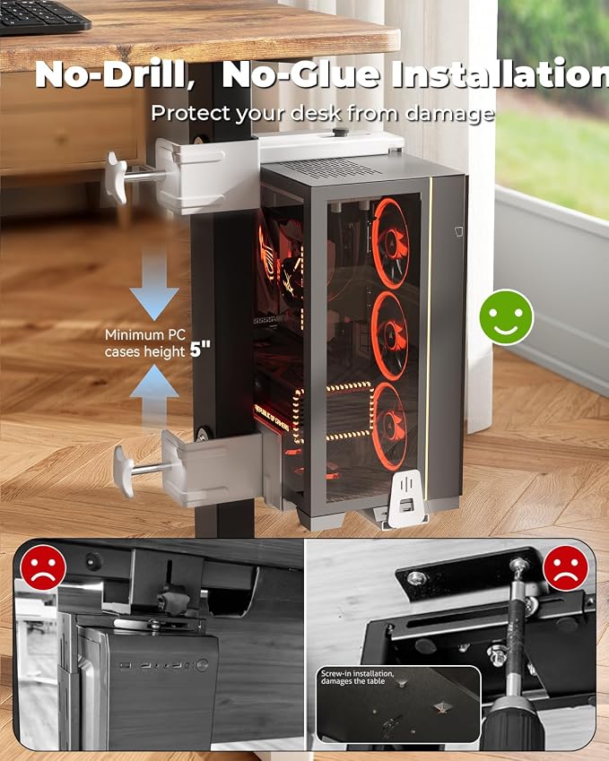 JOY worker Under Desk PC Mount with Protective Arms, Clamp-On Leg CPU Mount | No Drilling, Clamp-On Desk Leg, White Adjustable Standing Desk PC Mount Holds Up to 44lbs, Under Desk Computer Tower Holder - Image 3