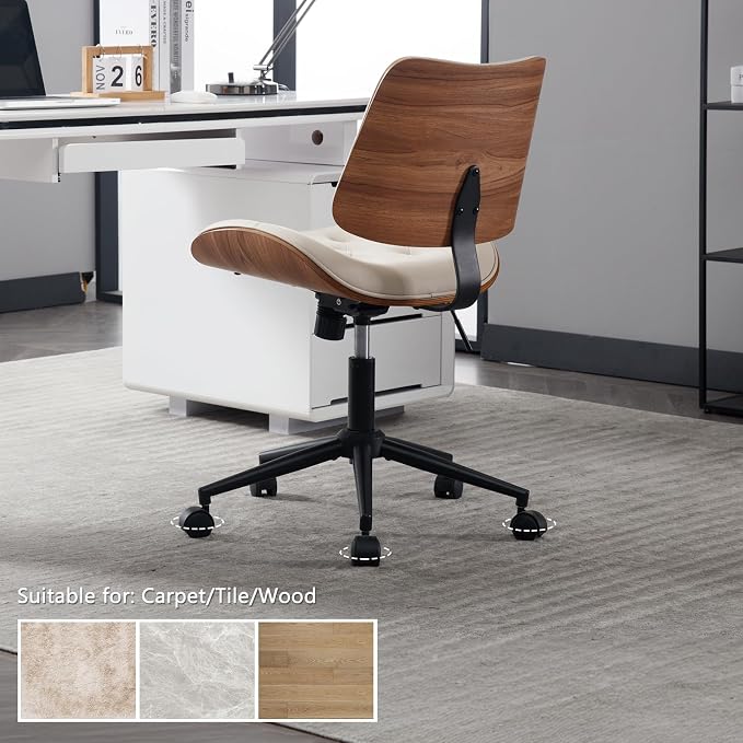 Armless Home Office Chair in Button Style, PU Leather Small, Beige | PU Leather Adjustable Height Computer Desk Chair, 360 Swivel Small No Arms Office Seat, Walnut Design Stool, 300LBS Cap - Image 7