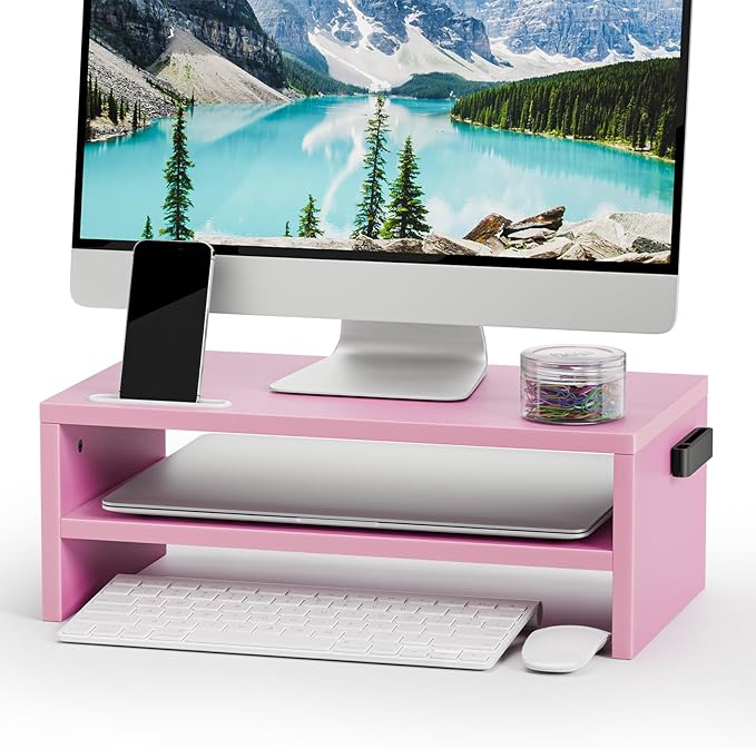 Marbrasse Wood Monitor Stand Riser,Desk Computer Printer Shelf Stand，Pink | 2 Tier Laptop Computer Screen Storage, Desktop Stand with Phone Holder and Cable Management by Marbrasse