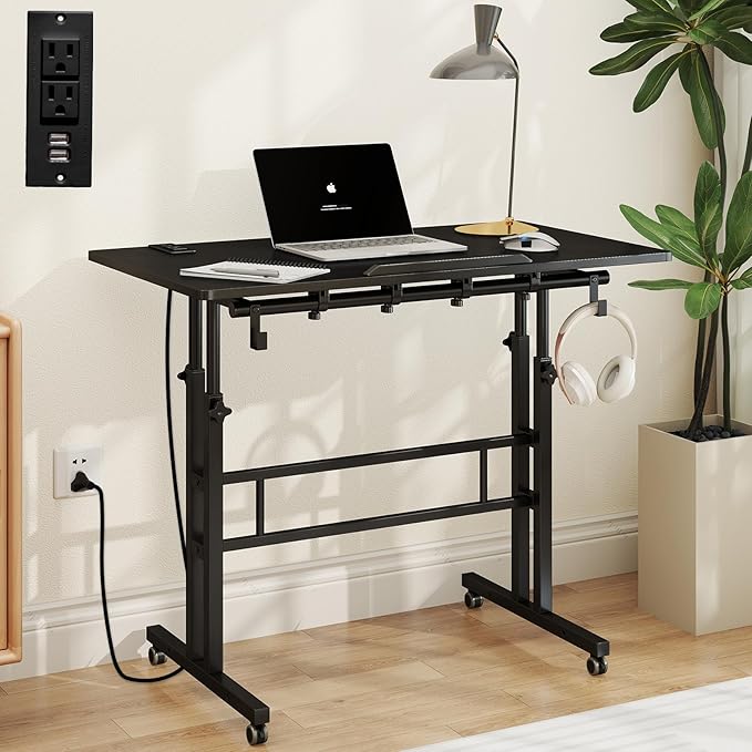 SIDUCAL Portable Standing Desk Adjustable Height, Rolling Computer Desk on Wheels, Mobile Home Office Workstation with USB Ports and Outlets, Laptop Cart for Standing or Sitting, 31.5" x 23.6" Black by SIDUCAL