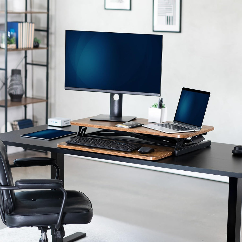 VIVO Manual Height Adjustable Standing Desk Riser, 32" Vintage Brown Top - Image 2