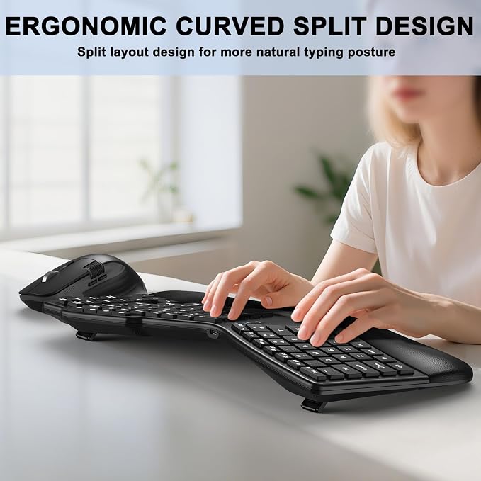 Ergonomic Wireless Keyboard Mouse, Wave Key Bluetooth/2.4G Split Design Ergo Keyboard Mouse Combo with Cushioned Palm Rest, Multi-Device, Rechargeable, for Multi-OS, Windows/Mac/Android - Image 6