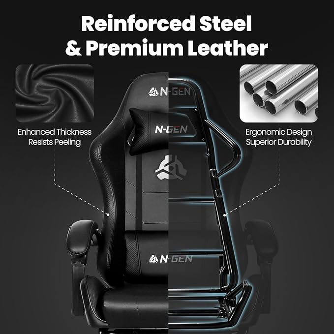 N-GEN GAMING Gaming Chair with Footrest, Lumbar, High-Back, Carbon Black | Reclining Backrest, Linkage Armrests, Durable PU Leather, Adjustable Comfort for Extended Computer, Desk, or Home Office Use - Image 8