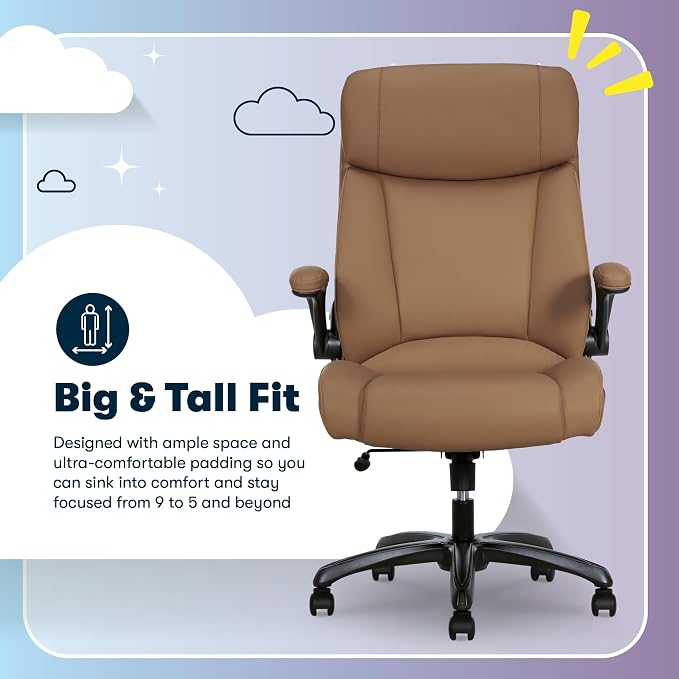 Serta Big and Tall Office Chair with Lumbar Support, Flip Arm Leather Chair | Torrington Ergonomic 400lb Capacity Office Chair, Back Support, Adjustable Height & Reclining, Home Office Gaming Chair, Tan - Image 4