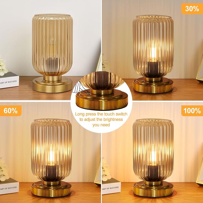 LightRound Cordless Table Lamp for Bedroom, Touch Stepless Dimmable, Modern | 7500mAh Rechargeable Battery, Amber Glass Shade, Brushed Gold Base, Bulb Included, Wireless Lamp for Desk, Living Room - Image 3