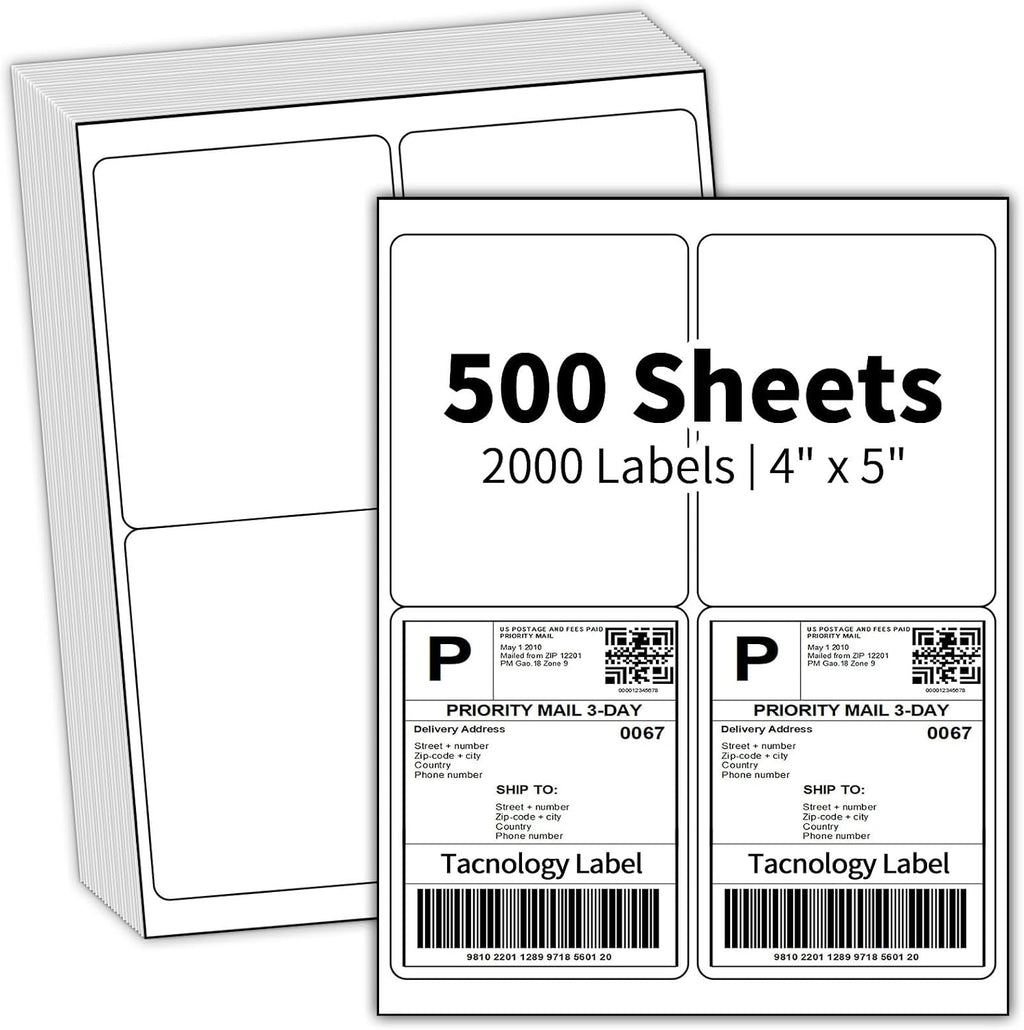 500 Sheets 2000 Labels 4x5 Shipping Label for Laser & Inkjet Printers, Permanent Adhesive, 4 Labels per Page, A4 Size, Perfect for Mailing & Addressing by Tacnology