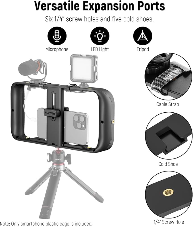 NEEWER Smartphone Video Rig, Phone Video Stabilizer Grip Vlogging Cage with Cold Shoe Tripod Mount, Phone Rig for Videomaker Film Maker Video grapher Compatible with iPhone Samsung and More, A104 | Cold Shoe, 1/4 Inch Thread, Video Recording Film Rig, ... - Image 4