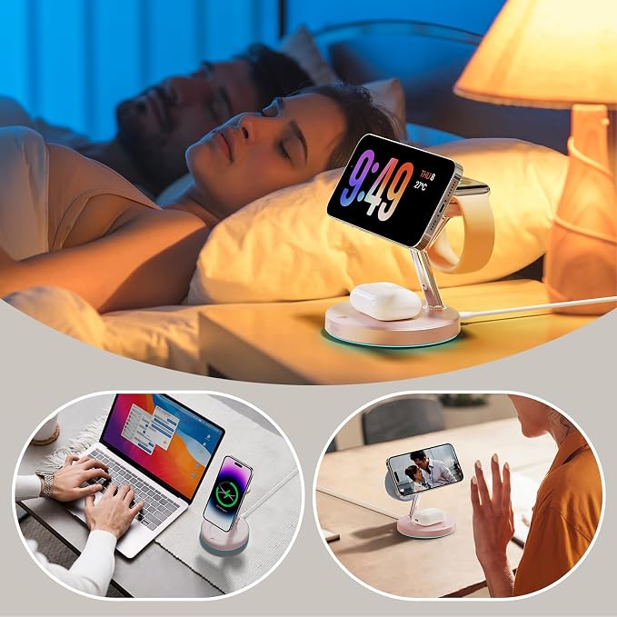 3 in 1 MagSafe Wireless Charger Stand for iPhone Apple Watch AirPods | Adjustable Blue Ambient Light,15W Magnetic Charging Station for iPhone 17 16 15 14 13 12 Series Wireless Charging Station - Image 7