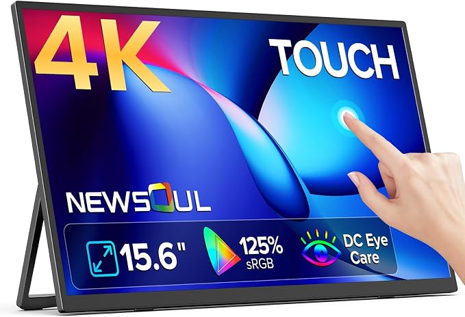 4K Portable Monitor Touchscreen 15.6'', 3840x2160 125% sRGB Laptop Monitor | UHD 10-Point Touch Ultra-Slim Travel Monitor with Kickstand, VESA, USB-C Mini HDMI Second Screen for Laptop, PC, Phone by NEWSOUL