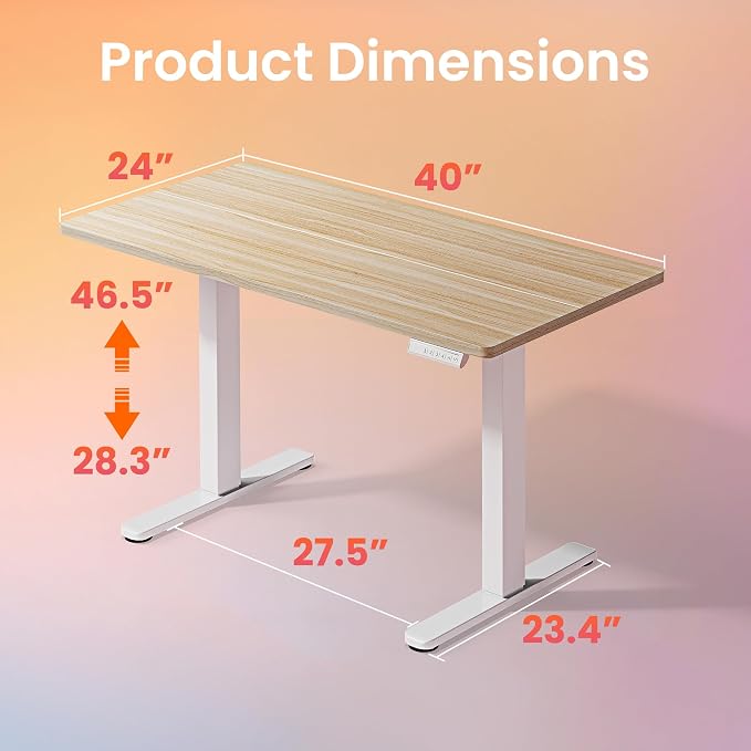 HUANUO 40x24 Inch Electric Standing Desk, Height Adjustable, Light Walnut | 176 Lbs Capacity, Smooth Home Office Desk, 4 Memory Presets & Headphone Hooks, 28.3–46.5 Inch Height Range, Easy to assemble - Image 3