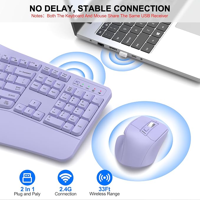 Wireless Keyboard and Mouse Combo, 2.4G Ergonomic Wave Keys(Purple) | Full Size Wave Keyboard with Wrist Rest, 3-Level DPI Adjustable Ergonomic Mouse for Windows and Mac OS Desktop/Laptop/PC - Image 5