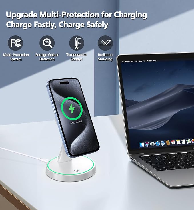 2 Pack Magnetic Wireless Charger Stand 15W Fast Mag-Safe Charger for iPhone iPhone 17 /17 pro/ 17 Air/ 17 pro max 16/15/14/13/12 Series Magnet Wireless Charging Station with Light for AirPods - Image 3