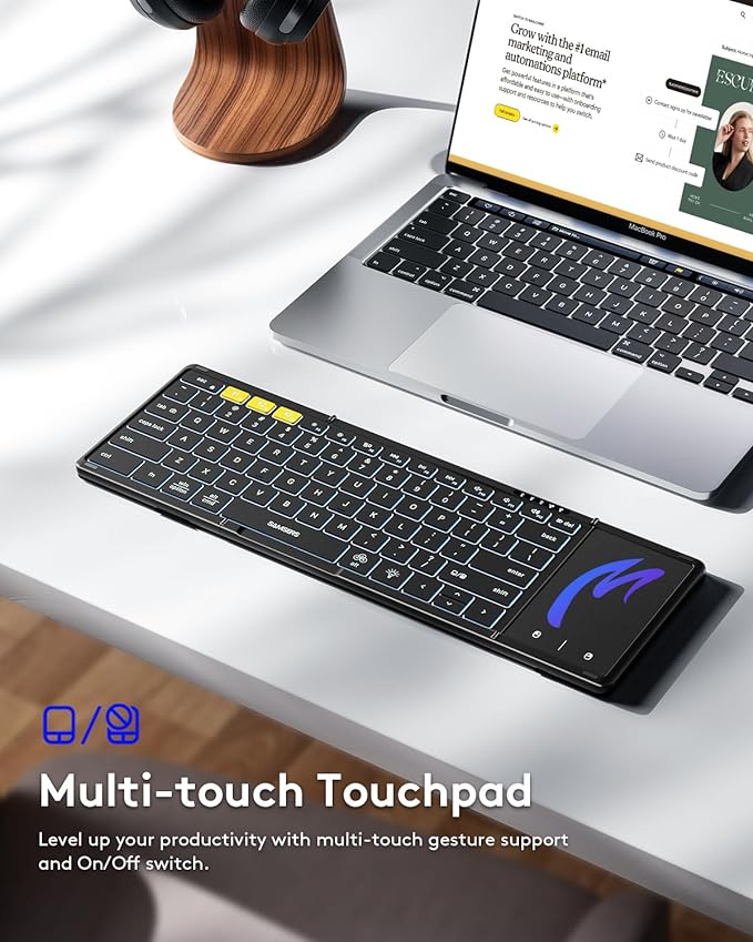 Samsers Full-Size Backlit Foldable Bluetooth Keyboard with Touchpad, Black | 7-color illuminated, BT5.1 x 3, Multi-touch Trackpad, PU Leather Cover, Phone Holder, Mouse click, Velvet bag, Mobile Work - Image 4