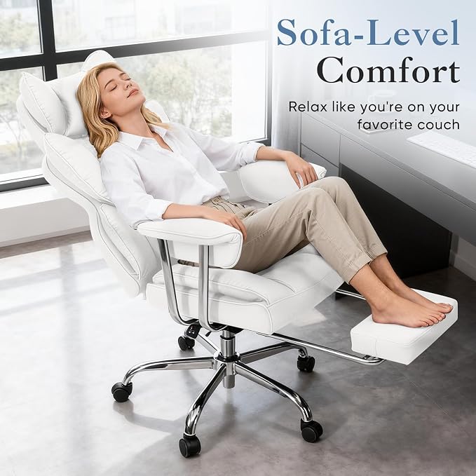 DUMOS Big and Tall Home Office Desk Chair, Executive Chair with Footrest | Scratch-Resistant PU Leather, Ergonomic Reclining, Pocket Spring Support, 400 LBS Weight Capacity, White - Image 3