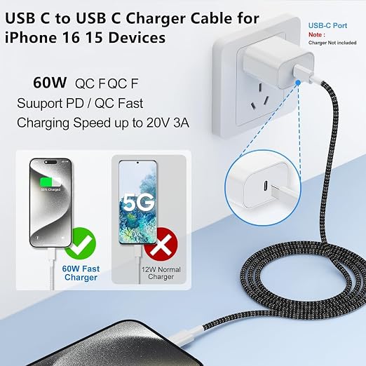 USB C to C Charger Cable 10ft, 60W Type C to C Fast Charging Cable Cord Long for Apple iPhone 17 Pro Max/17 Air/16 Pro Max/16 Pro/15 Plus/15 Pro Max/MacBook 2021/2020/2019,iPad Pro/Mini/Samsung Galaxy - Image 5