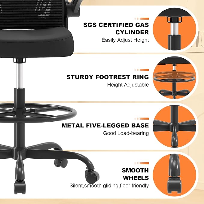 Ergonomic Tall Drafting Chair-Mesh Desk Chair with Flip-Up Arms | Adjustable Height,Lumbar Support,Adjustable Footrest Ring,Standing Desk,Breathable Backrest - Image 9