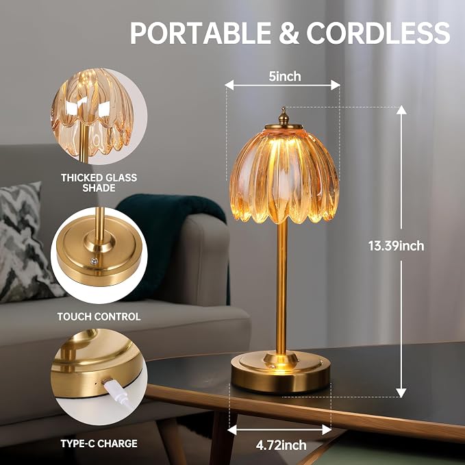 Shenmoyl Tulip Table Lamp with 5000mAh Battery & Touch Control, Cordless Table Lamp with 3 Colors, Dimmable Rechargeable Table Lamps for Bedroom, Nightstands, Living Room, Entryways (Amber Tulip) - Image 9
