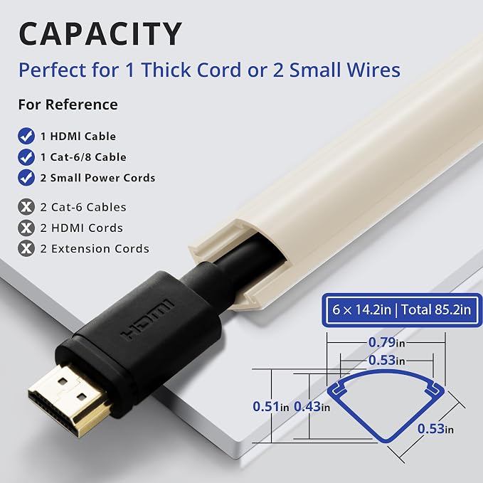 ZhiYo 85in Corner Cable Hider for 1 Cord, Hide Wires on Wall Corner, Beige | Self-Adhesive Cable Concealer, 6 Pack (14.2" Each), Quarter Round Cable Management Raceway for Baseboards & Ceiling Corners - Image 5