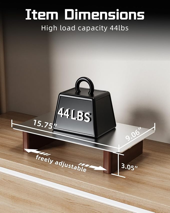 Aluminum Monitor Stand Riser, Ergonomic Desktop Shelf with Wooden Legs - 15.75” Wide Heavy Duty Computer Stand for Home Office, Universal Desktop Monitor Riser for PC, iMac, MacBook, Laptop - Image 3