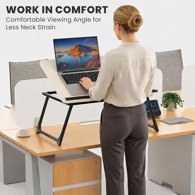 Laptop Bed Desk, 5-Angle Adjustable Bed Laptop Table with Cup Holder | Foldable Laptop Stand for Couch & Sofa, Portable Laptop Tray for Adults Writing Reading Eating, Beige - Image 7