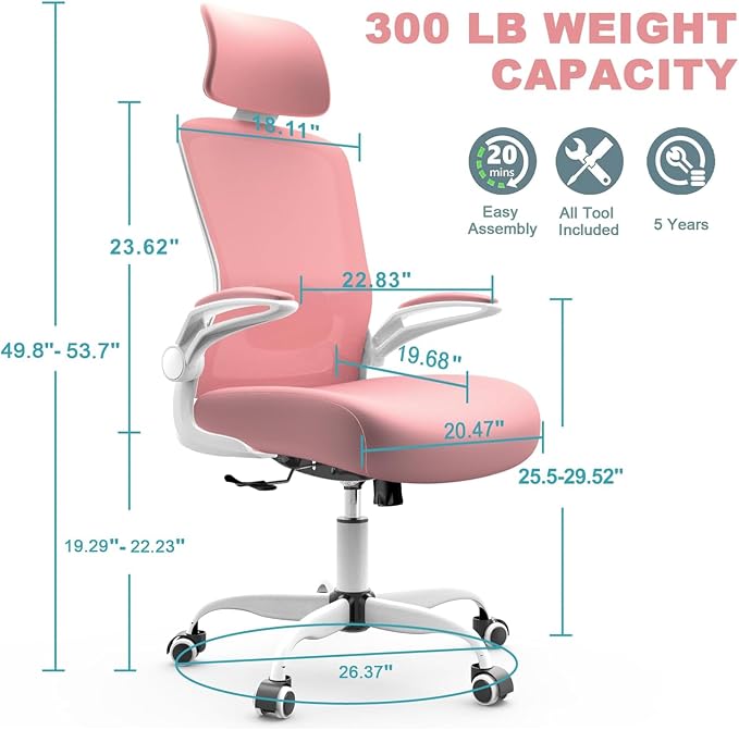 Mimoglad Office Chair, High Back Ergonomic Desk Chair with Adjustable Lumbar Support and Headrest, Swivel Task Chair with flip-up Armrests for Guitar Playing - Image 2