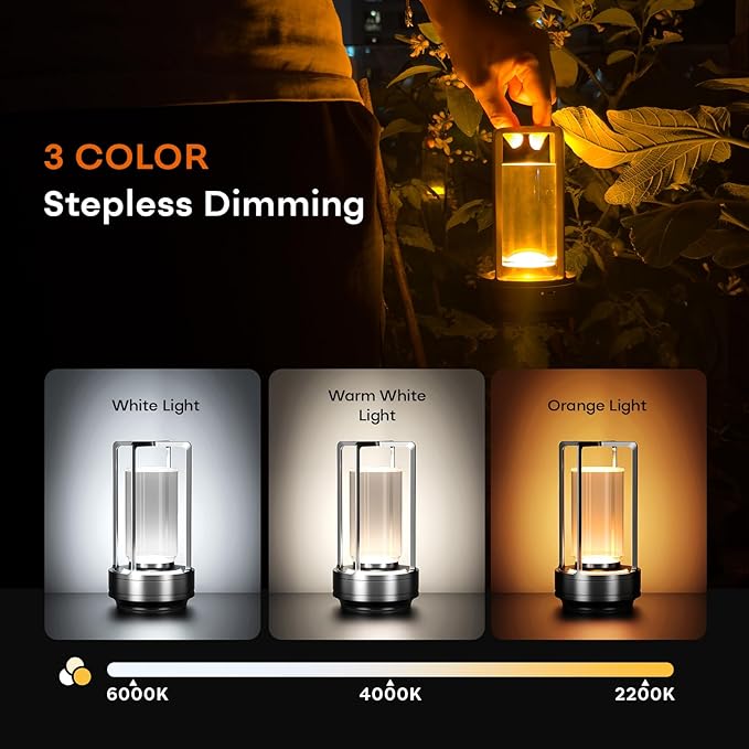 Rechargeable Cordless Small Metal Table Lamp, Stepless Dimming, 3-Color | Set of 2, 2600mAh Battery, Portable LED Desk Light, Cute, Suitable for Indoor/Outdoor/Restaurant/Bedroom/Bar/Coffee/Camping - Image 3