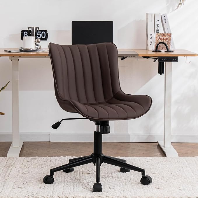 YOUNIKE Office Desk Chair with Wheels Armless Vanity Chair Modern Brown | Faux Leather Upholstered with Rocking Back, Swivel Height Adjustable Small Cute Computer Rolling Task Chair Ergonomic 300lb by YOUNIKE