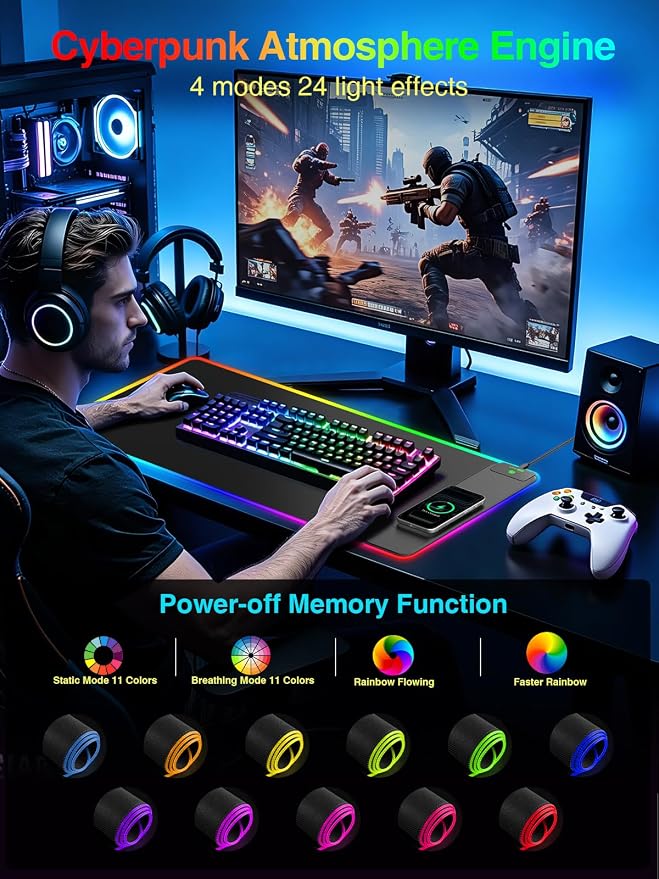 Wireless Charging Mouse Pad Gaming, 31.5"x15.8" Large Desk Mat, Waterproof | RGB Mousepad, Smooth Glide, Stitched Edge, Non-Slip Rubber Base, Desk Pad Computer Keyboard Mat, No Adapter - Image 3
