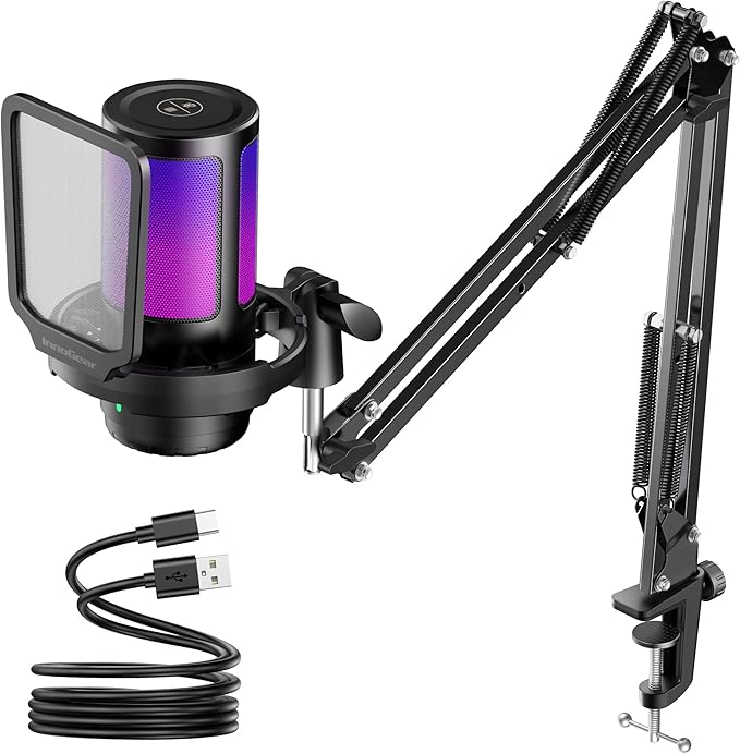 InnoGear Gaming Mic USB Computer Microphone for PC Boom Arm Stand, Black | Noise Cancellation, Adjustable Boom Arm, One-Touch Mute, Flexible Angle, 4 RGB Modes, Work with PS4/PS5, Wide Frequency Range by InnoGear