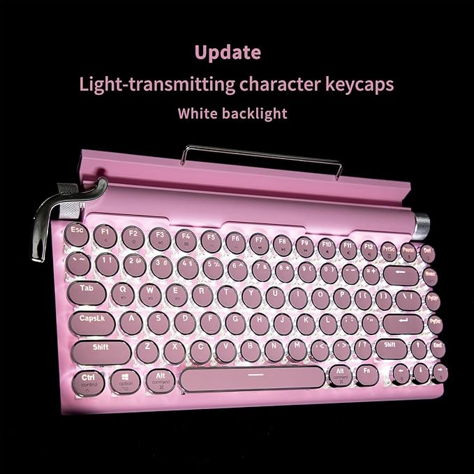 Adventurers Typewriter-Style Retro Mechanical Keyboard LED Backlight 83 Keys Bluetooth 5.0 Blue Axis,Compatible with iOS/Android/Windows/Vista/Linux/Mac Office/Gaming, 12.3x6.6x1.6in (Pink) - Image 3