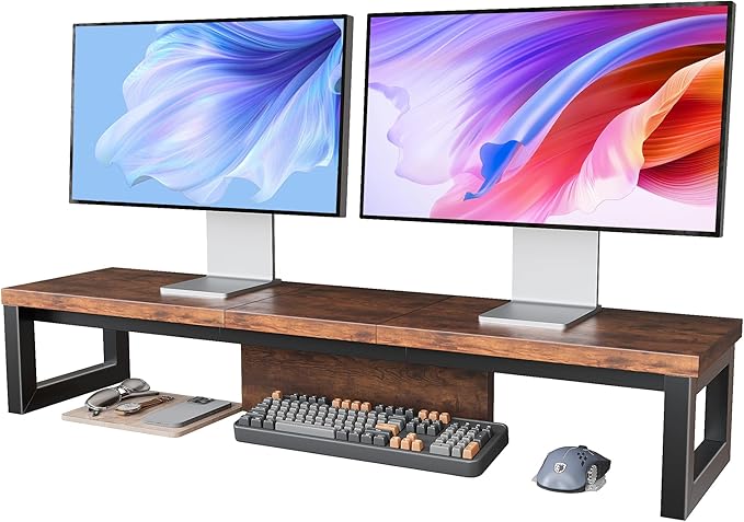 Dual Monitor Stand Riser, Wood and Steel Monitor Riser, Long Computer Monitor Stands for 2 Monitors, Desk Shelf for Computer, Laptop, Printer, TV, Brown by Unknown
